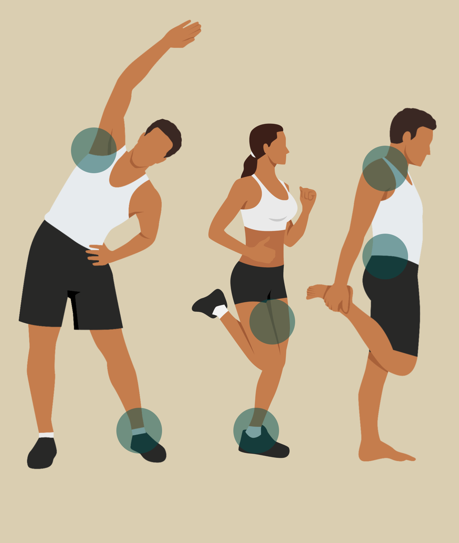 Illustration of three people performing stretching exercises with spots showing anti-chafe areas on a beige background